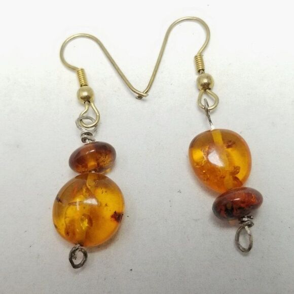 Vintage Orange Beaded Dangle Earrings, Minimal Drops, Amber Color Beads, Estate - Picture 1 of 5